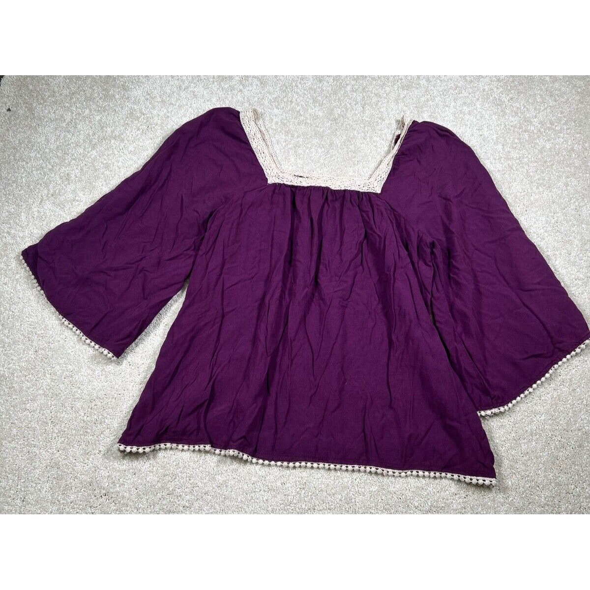 Degree Womans Size L Purple Square Neck Crochet Trim Boho Hippie Peasant